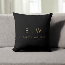 Classic Black Gold Minimalist Monogram Name Throw Pillow