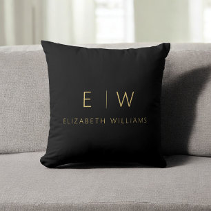 Classic Black Gold Minimalist Monogram Name Throw Pillow