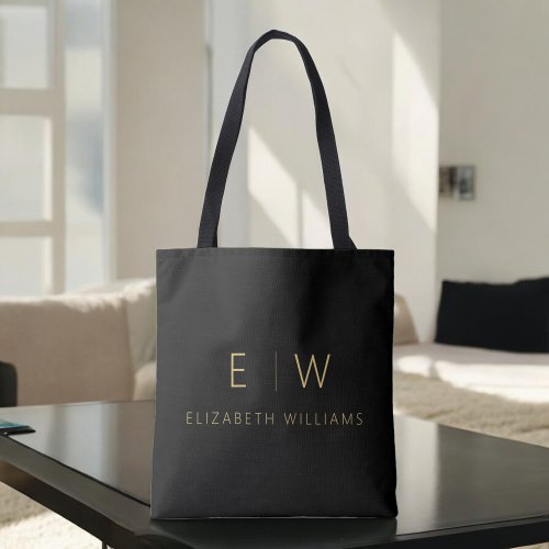 Classic Black Gold Minimalist Monogram Name Tote Bag