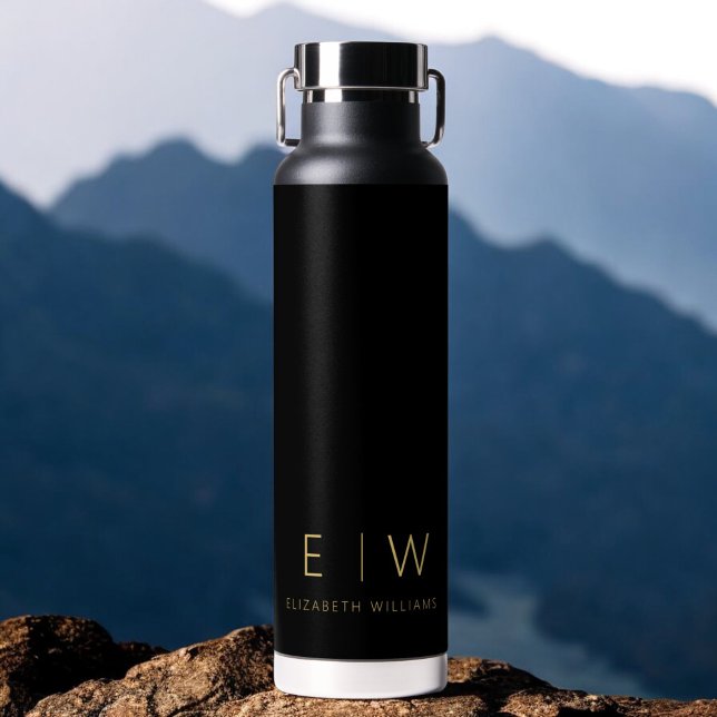 Classic Black Gold Minimalist Monogram Name Water Bottle (Creator Uploaded)