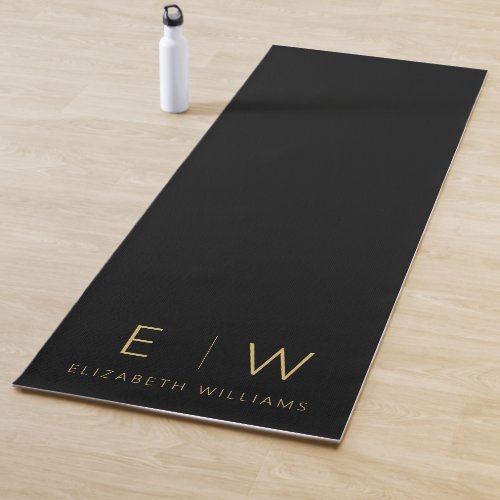Classic Black Gold Minimalist Monogram Name Yoga Mat