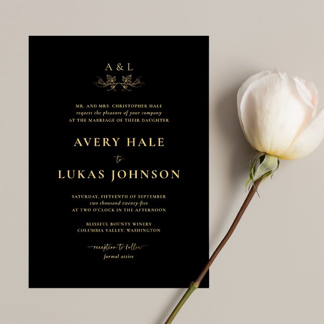 Classic Black Gold Monogram Crest Formal Wedding  Invitation (Creator Uploaded)