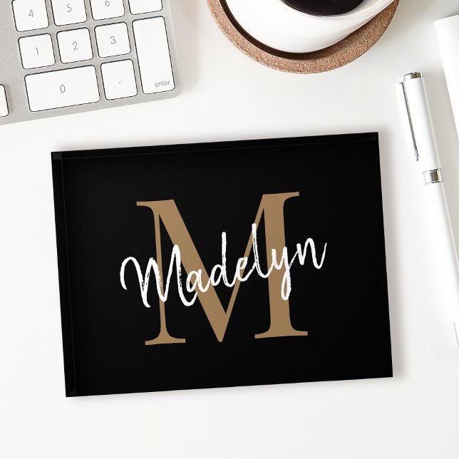 Classic Black Gold Monogram Girly Chic Script Name Paperweight (Creator Uploaded)