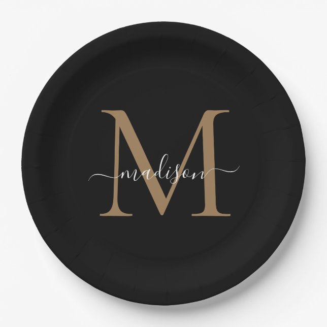 Classic Black Gold Monogram Modern Script Name Paper Plates (Front)