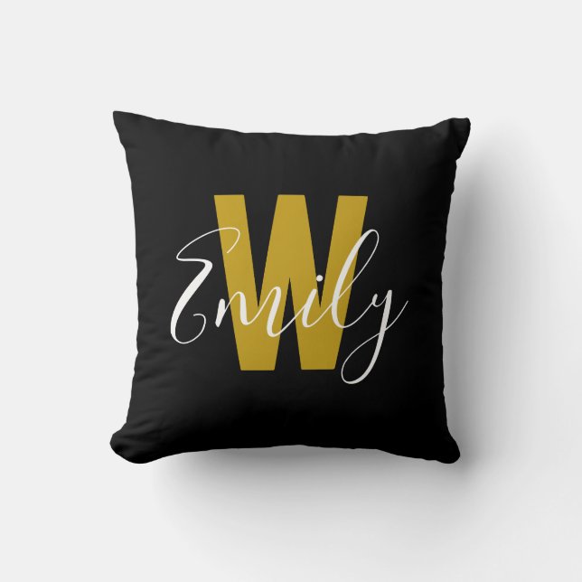 Classic Black Gold Monogram Throw Pillow (Front)