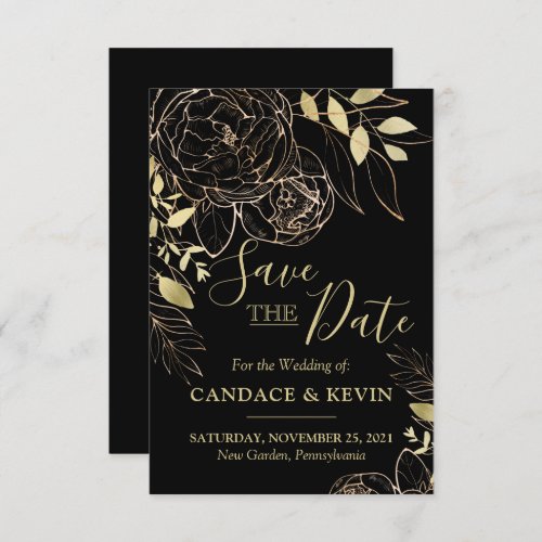 Classic Black  Gold Peony Modern Floral Wedding Save The Date