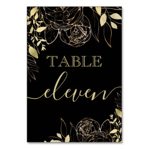 Classic Black & Gold Peony Modern Floral Wedding Table Number