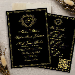 Classic black gold QR formal monogram wedding  Invitation
