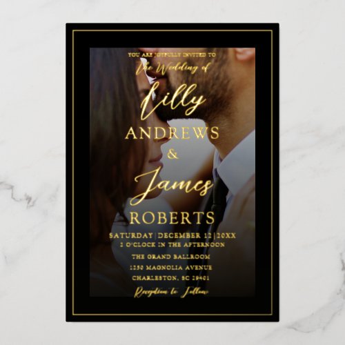 Classic Black & Gold Script Photo Wedding Foil Invitation