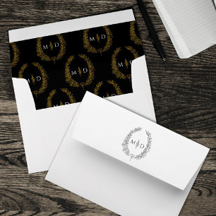 Classic black gold white monogram wreath wedding envelope