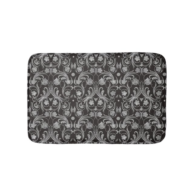 Classic Black & Gray Damask Pattern Bath Mat (Front)
