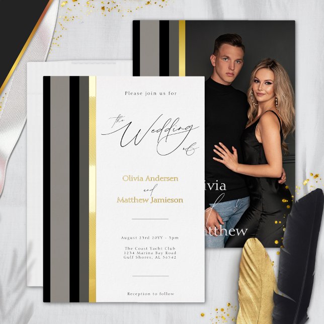 Classic Black Gray Gold Stripes Typography Wedding Foil Invitation (Creator Uploaded)