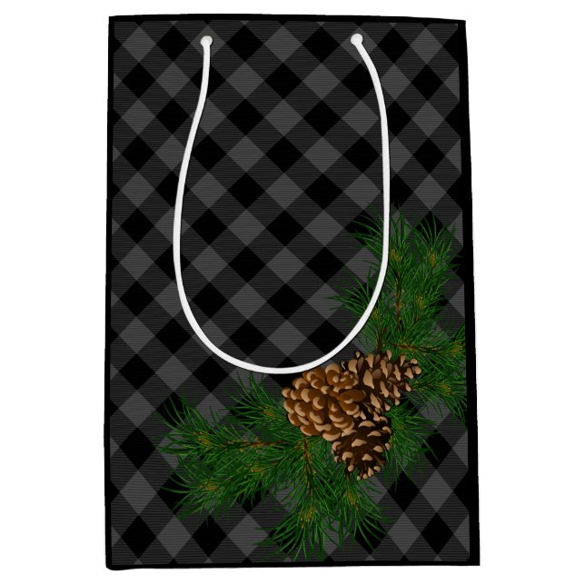 Classic black gray tartan plaid pattern pinecone medium gift bag (Front)
