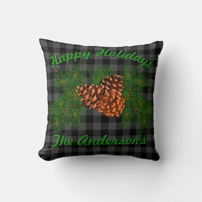 Classic black gray tartan plaid pattern pinecone  throw pillow (Front)