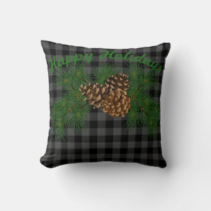 Classic black gray tartan plaid pattern pinecone throw pillow