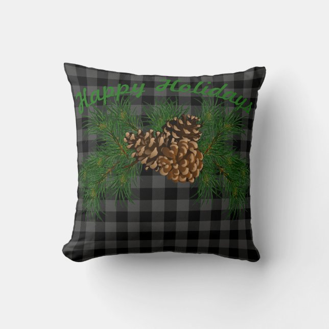 Classic black gray tartan plaid pattern pinecone throw pillow (Front)