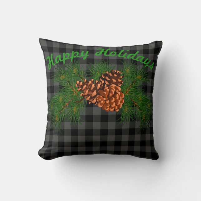 Classic black gray tartan plaid pattern pinecone throw pillow (Front)