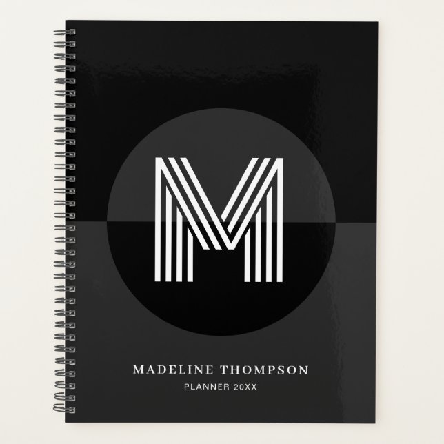 Classic Black Gray White Geometric Modern Monogram Planner (Front)