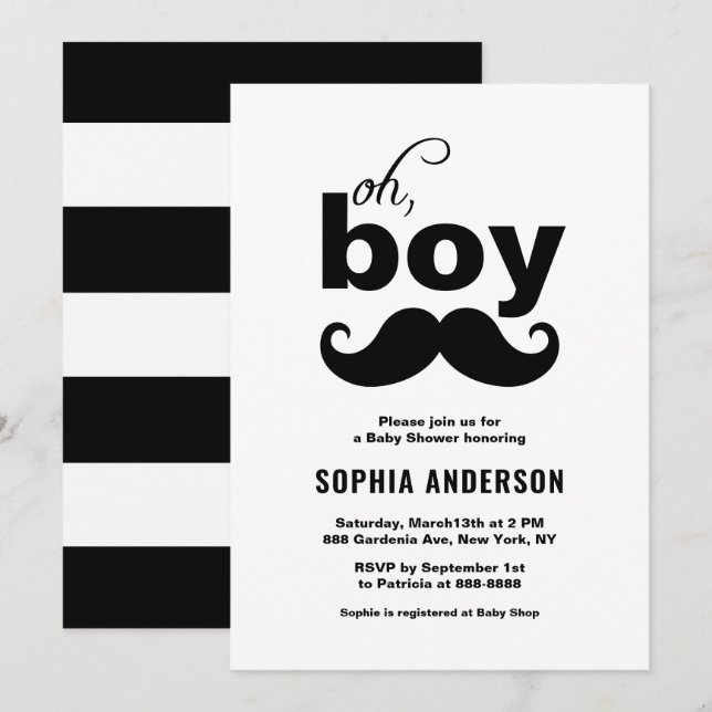 Classic Black It's a Boy Mustache Baby Shower Invitation (Front/Back)