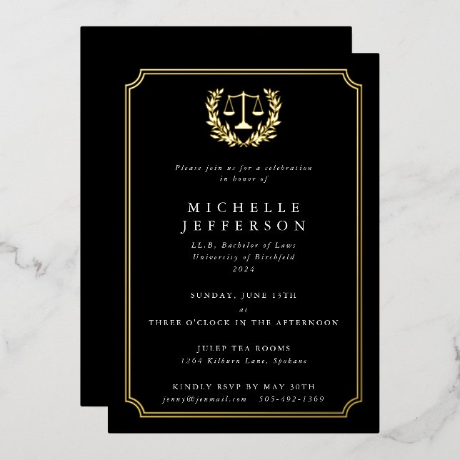 Classic Black Law School Graduation Party Foil Invitation (Front/Back)