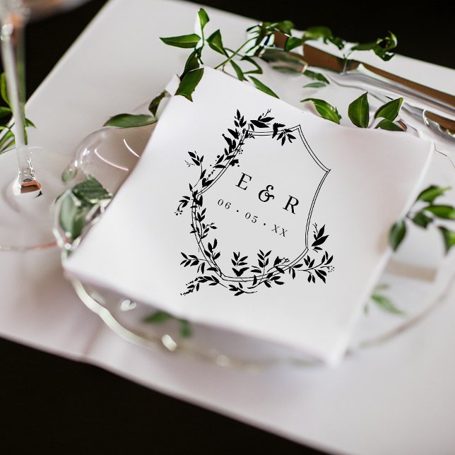 Classic Black Leafy Crest Wedding Monogram Paper Dinner Napkins (Creator Uploaded)