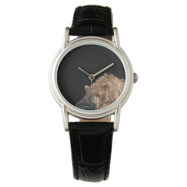 Classic Black Leather watch with grizzly bear (Front)
