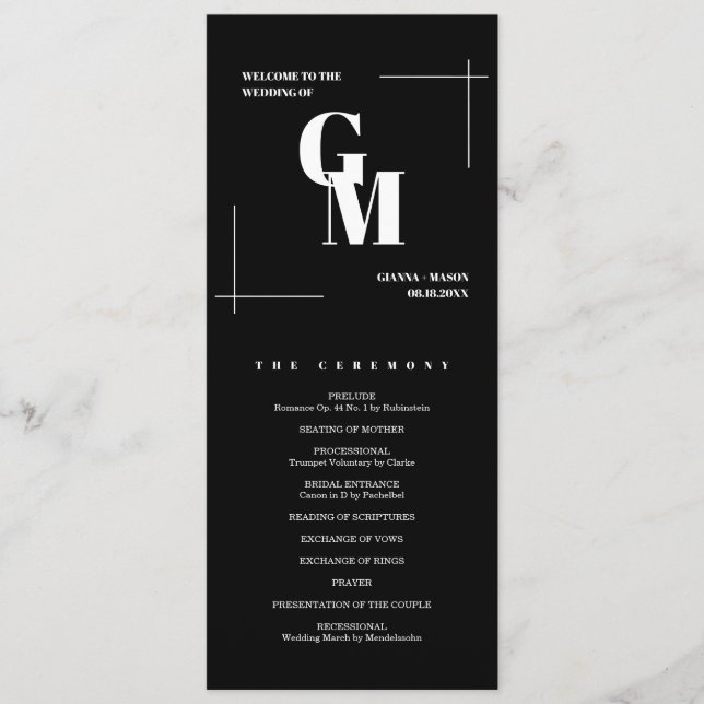 Classic Black Modern Chic Monogram QR Code Wedding Program (Front)