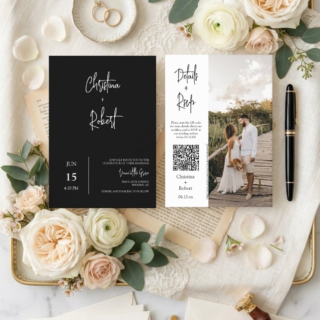 Classic Black Modern Minimal Wedding Photo QR Code Invitation (Creator Uploaded)