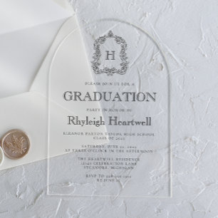 Classic Black Monogram Crest Arch Graduation Party Acrylic Invitations
