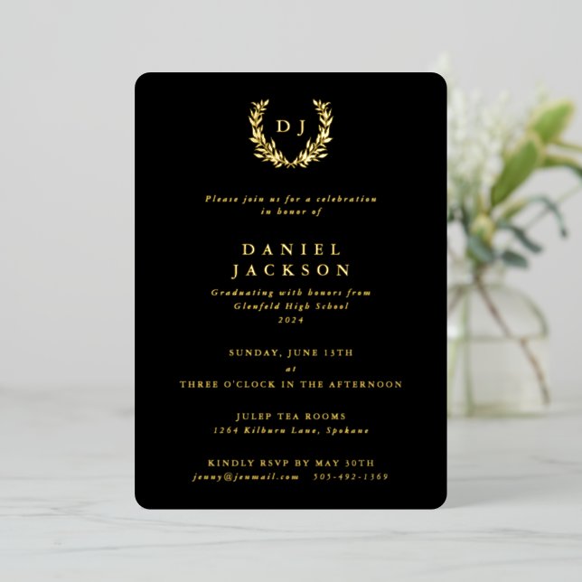 Classic Black Monogram + Laurel Wreath Graduation Foil Invitation (Standing Front)