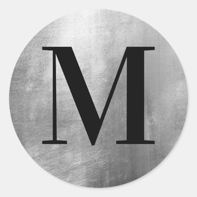 Classic Black Monogram on Faux Silver Foil Classic Round Sticker (Front)