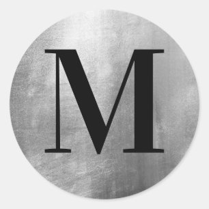 Classic Black Monogram on Faux Silver Foil Round Sticker