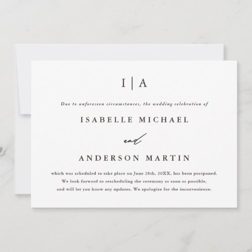 Classic Black Monogram Wedding Postponement Announcement