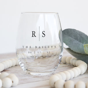Classic Black Monogram Wedding Stemless Wine Glass