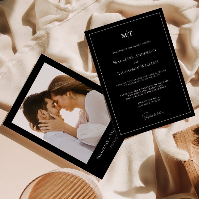Classic Black Monogram with Border Photo Wedding Invitation (Creator Uploaded)