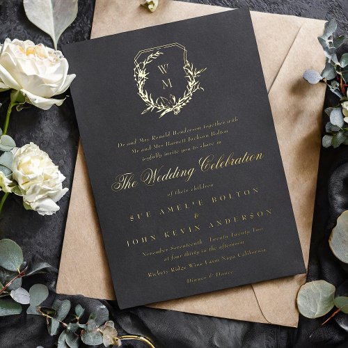 classic black monogrammed wedding gold crest foil invitation