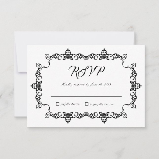 Classic Black on White Ornately Framed Wedding RSVP Card (Front)