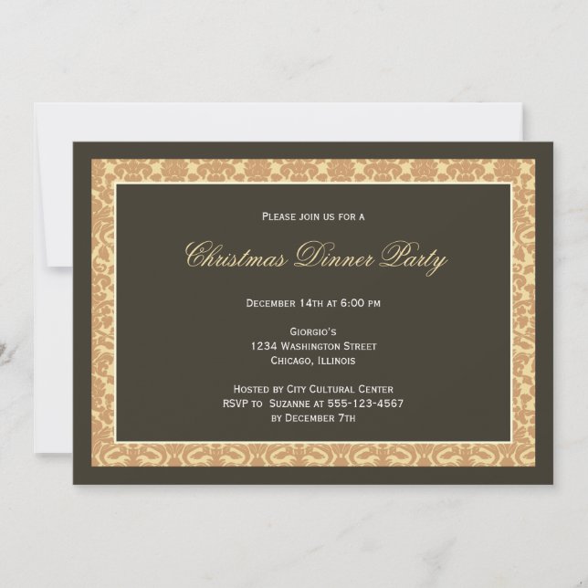 Classic black panel golden damask frame holiday invitation (Front)