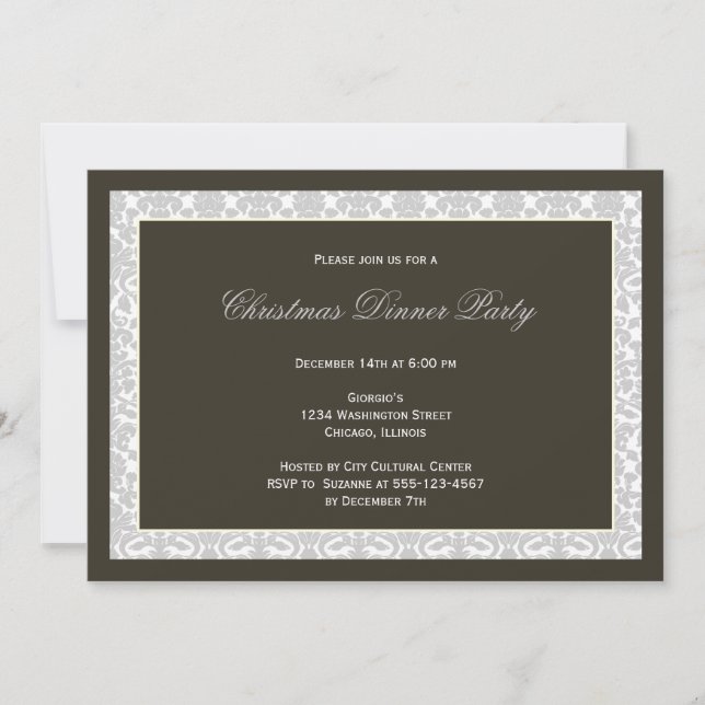 Classic black panel gray damask frame holiday invitation (Front)