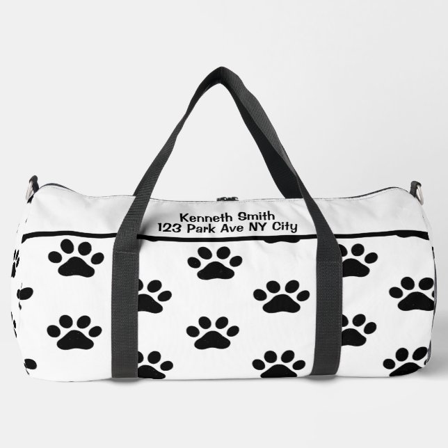Classic Black Paw Print White Monogram Personalize Duffle Bag (Front)