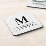 Classic Black Personalized Family Monogram Initial Beverage Coaster<br><div class="desc">Classic and modern personalized beverage drink coaster design features an masculine yet elegant custom serif monogram initial along with your family's last name accented with simple horizontal stripes against a white marble patterned background. Black text and design colors can be modified to perfectly coordinate with your home decor.</div>