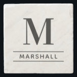 Classic Black Personalized Family Monogram Initial Stone Coaster<br><div class="desc">Classic and modern personalized beverage drink coaster design features an masculine yet elegant custom serif monogram initial along with your family's last name accented with simple horizontal stripes against a white marble patterned background. Black text and design colors can be modified to perfectly coordinate with your home decor.</div>