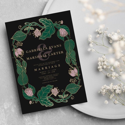 Classic black pink green gold vine floral wedding invitation