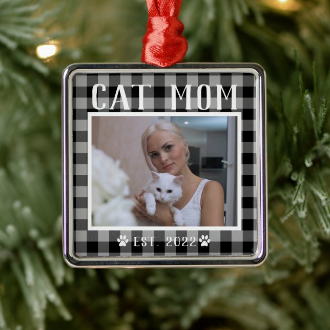 Classic Black Plaid Personalized Cat Mom Photo Metal Ornament (Tree)