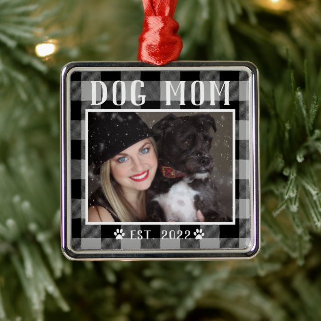 Classic Black Plaid Personalized Dog Mom Photo Metal Ornament (Tree)