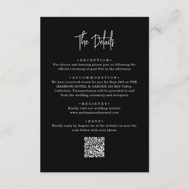 Classic Black QR Code Handwritten Script Wedding Enclosure Card (Front)