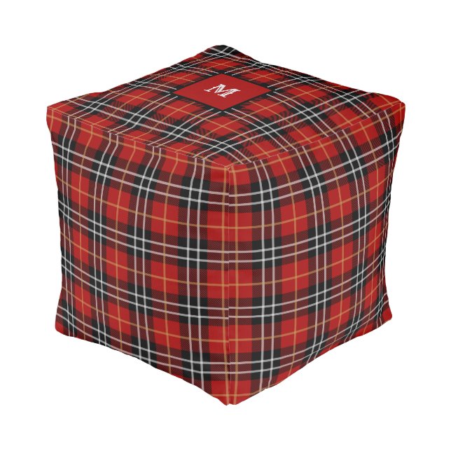 Classic Black Red and White Plaid - Monogammed Pouf (Angled Front)