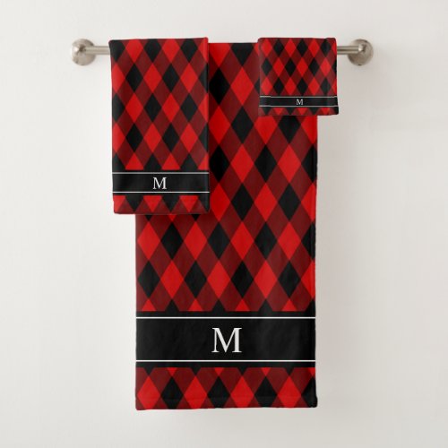 Classic Black Red Diamond Pattern  Monogram Bath Towel Set