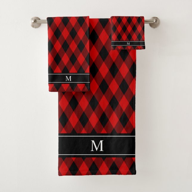 Classic Black Red Diamond Pattern & Monogram Bath Towel Set (Insitu)