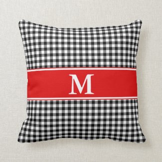 Classic Black & Red Gingham Check Pattern Monogram Throw Pillow